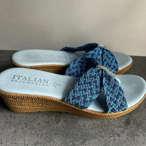 Italian Shoemakers Mixed Blue Rhinestone Sparkle Thong Wedge Sandals Size 9.5 M - Picture 8 of 16